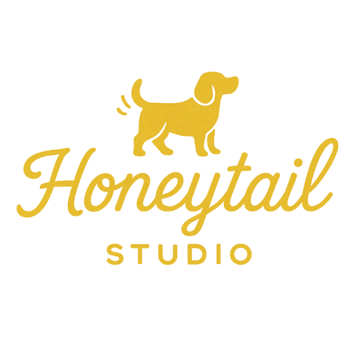 Yellow 'Honeystail Studio' logo with a dog silhouette on a no background